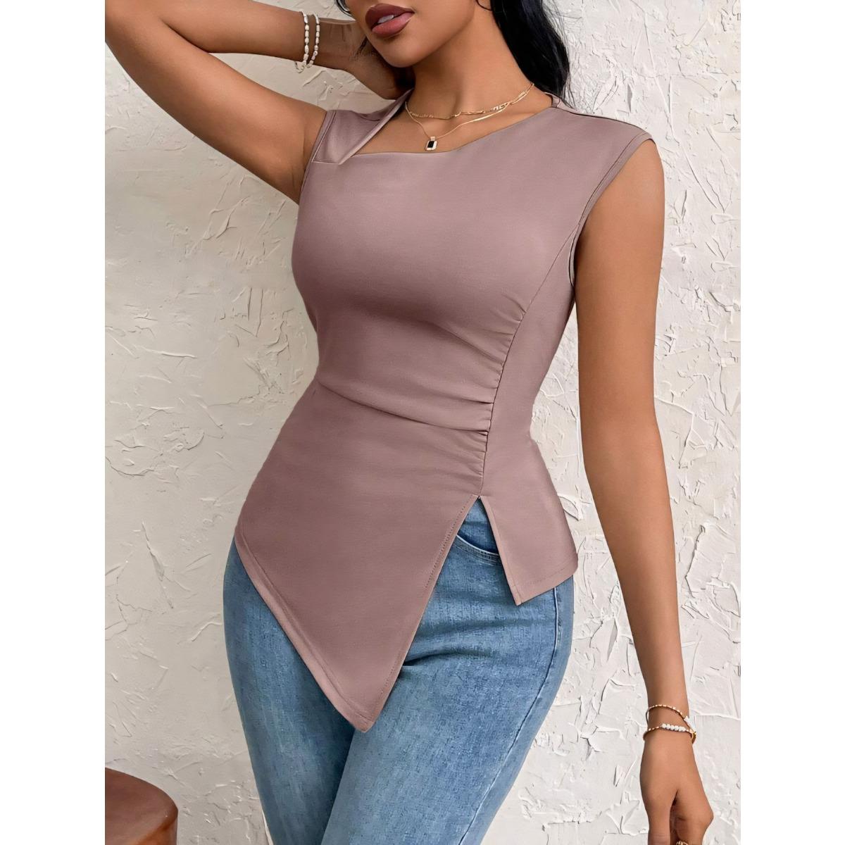 

Летняя асимметричная женская футболка однотонная с косым вырезом без рукавов XS светло-фиолетовый