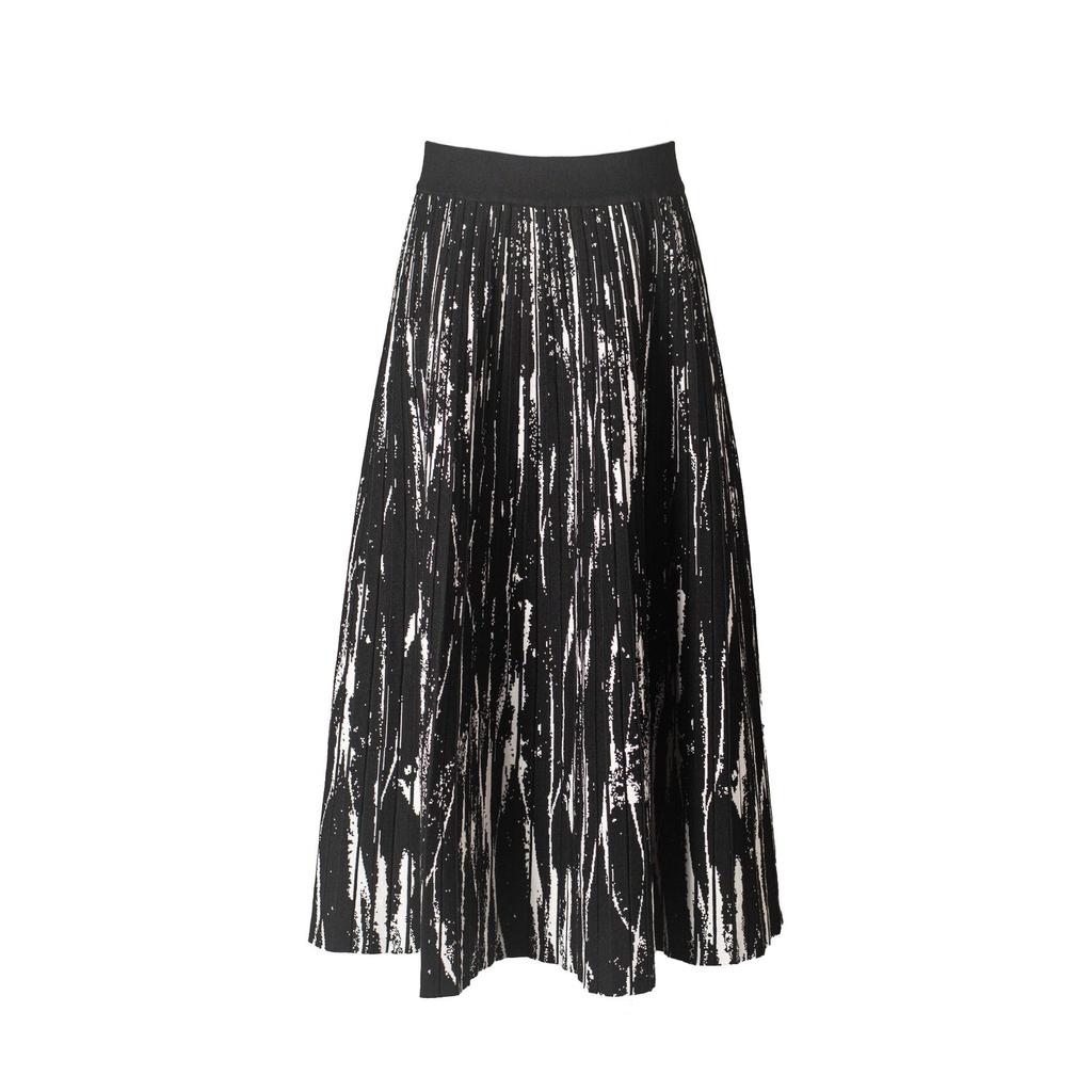 2025 Ink Wash Retro Hong Kong Knit Pleated Wool Flare Midi Skirt