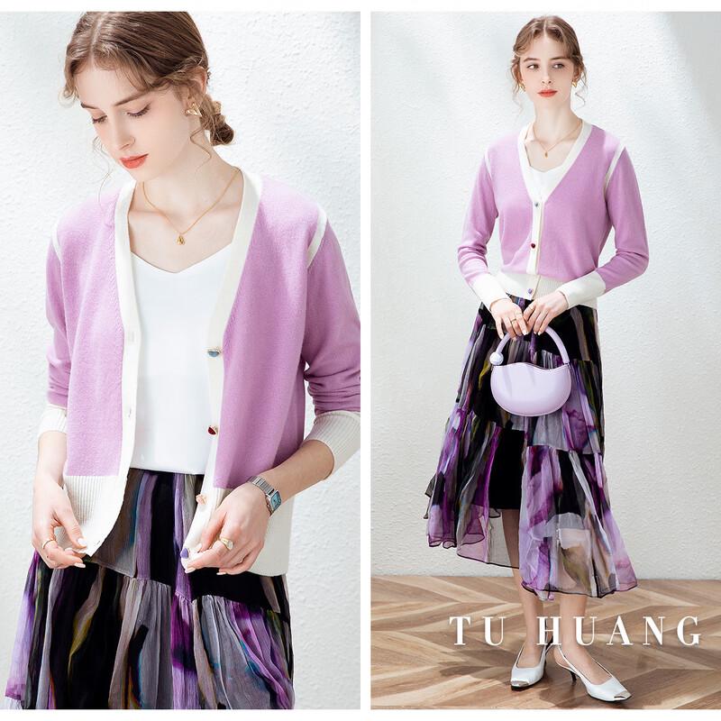 TUHUANG Women's Pure Wool Color-block V-neck Cardigan