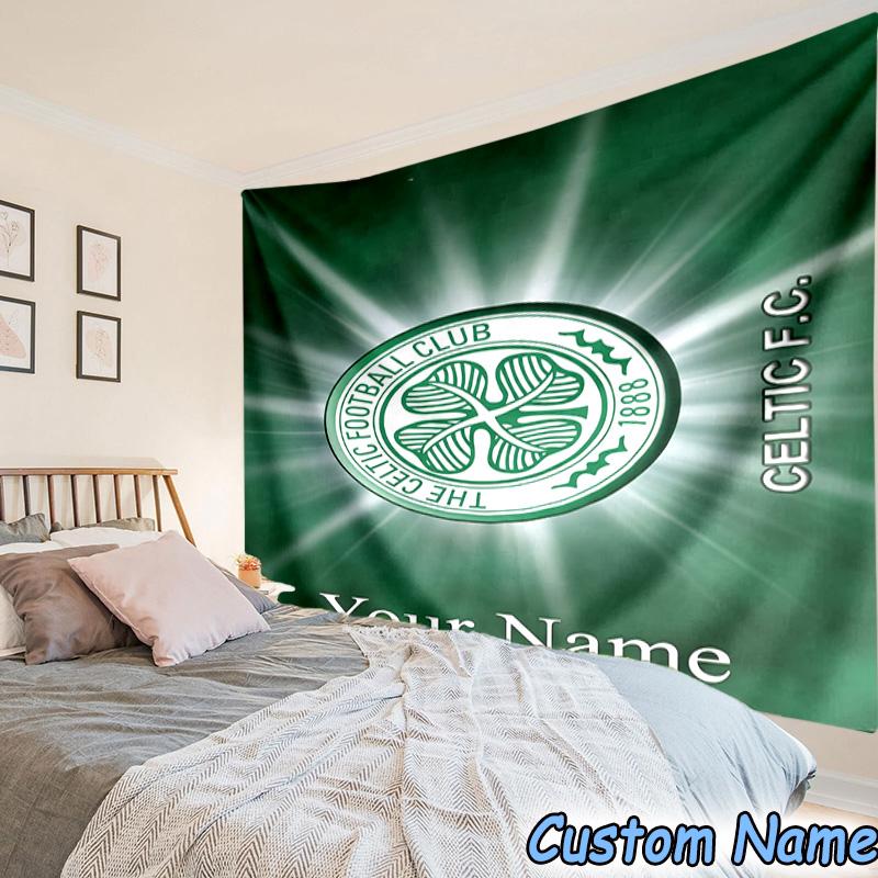 Custom Name Celtic Fc Crest Design Printed Tapestry, for Bedroom,Livingroom, dormitory, Large Wall Decor, Fabric Decor Fan Birthday Gifts