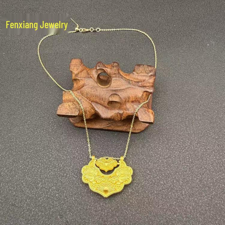 Gold-Plated Retro Chinese Koi Fish Peace Lock Necklace for Women