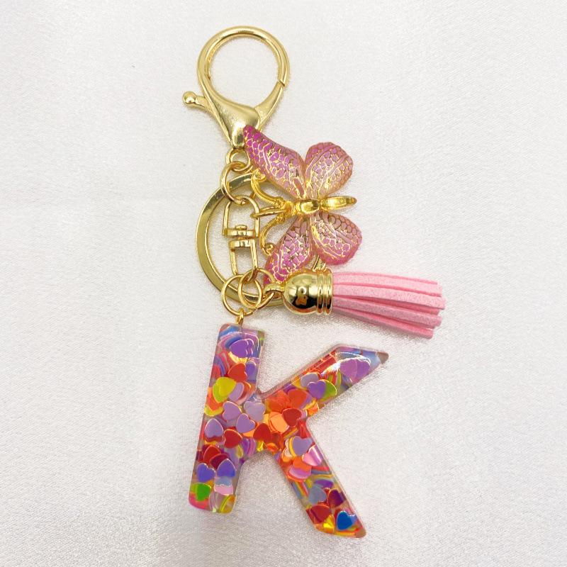 26-Letter Alphabet Resin Keychain with Star Sequins & Tassel Charm