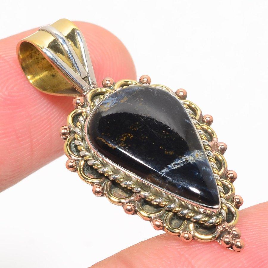 Natural Pietersite Gemstone TwoTone 925 Solid Sterling Silver Pendant 1.50" S3N72
