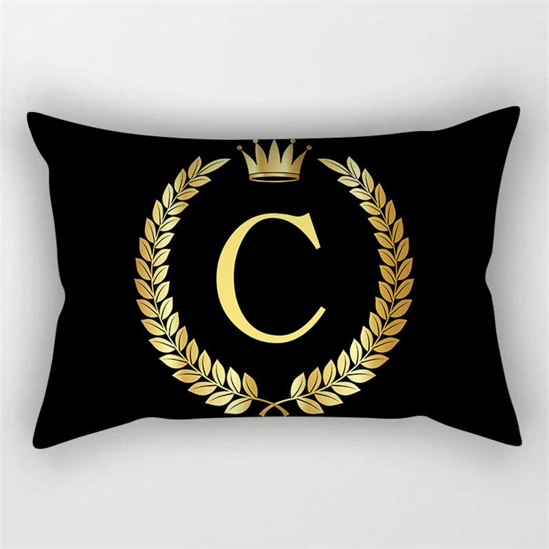 Gold Color Letter Cushion Cover 30x50cm Rectangle Pillow Case Crown Leaves Plant Polyester Black Sofa Pillow Cover Home Decor
