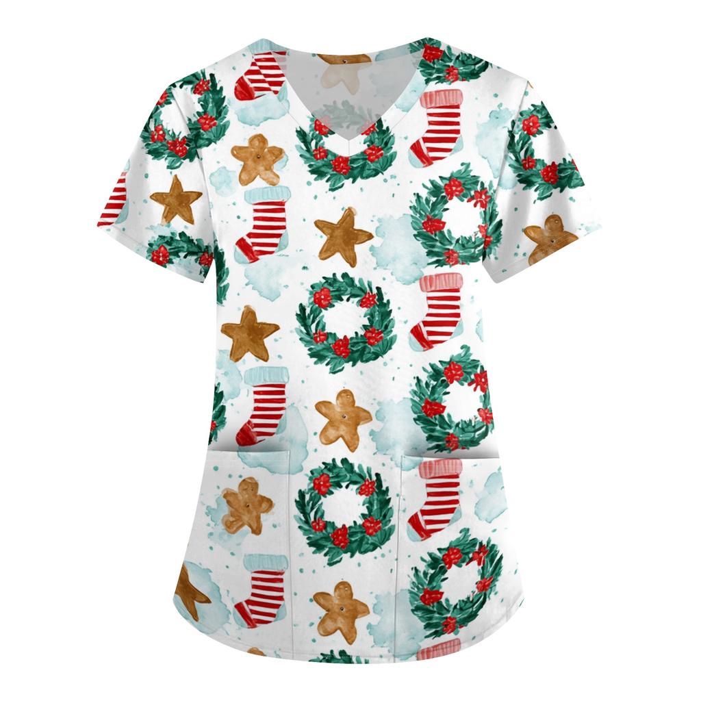 Women's Christmas Print V-Neck Short Sleeve Uniform with Pockets Loose Fit