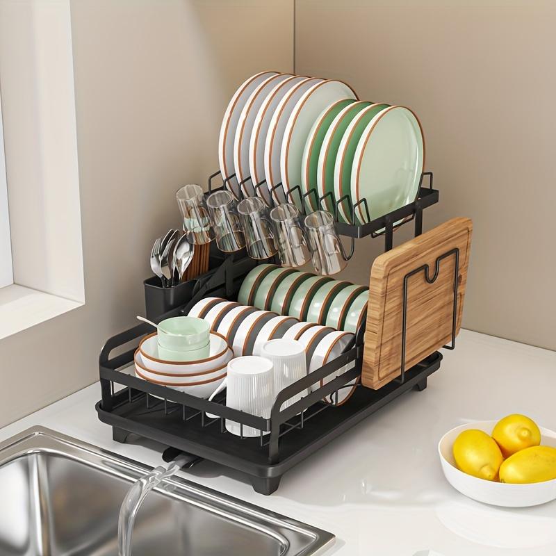 Kitchen Dish Drying Rack, Metal 2-layer Sink Top Dish Rack, Space-saving Cutlery and Baking Utensils, Organizational Rack with Chopstick Storage