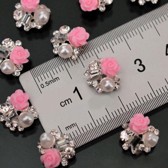 10 sztuk różowy kwiat róży sztuczna perła Decor brokat Rhinestone DIY naklejki artystyczne do paznokci