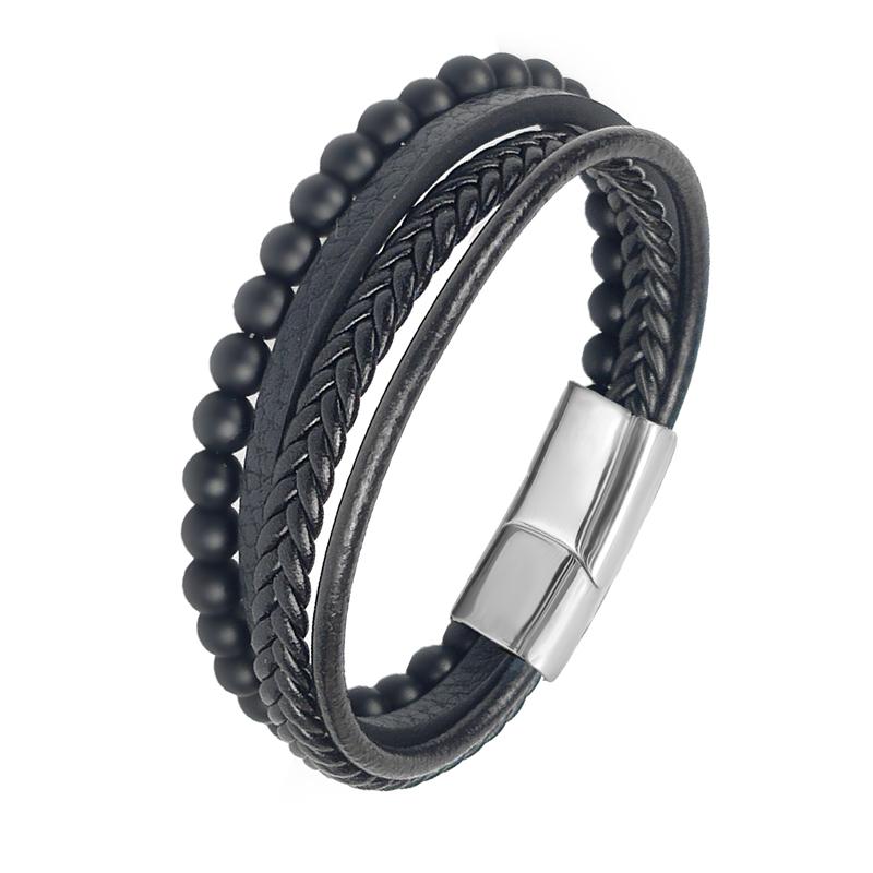 MingAo Charm Herrenschmuck Naturstein Mehrschichtiges Lederarmband Schwarzer Edelstahl Magnetischer Verschluss Tigerauge Perlenarmband