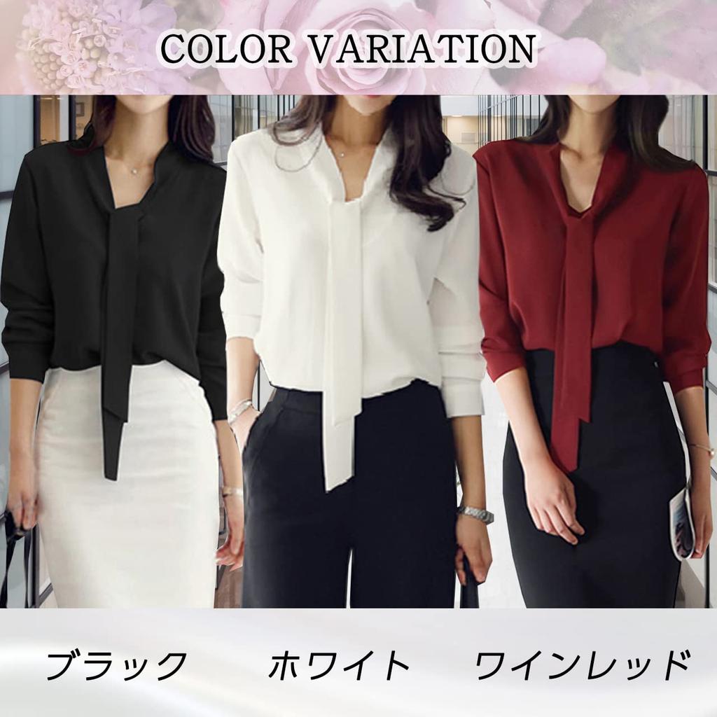 [LUXIA FILL] Women's Bow Tie Blouse, Black, XL, Ribbon Tie, Black, Plus Size, Loose Fit, Long Sleeve, Casual, Slim Fit, Button Blouse, Shirt, Elegant,