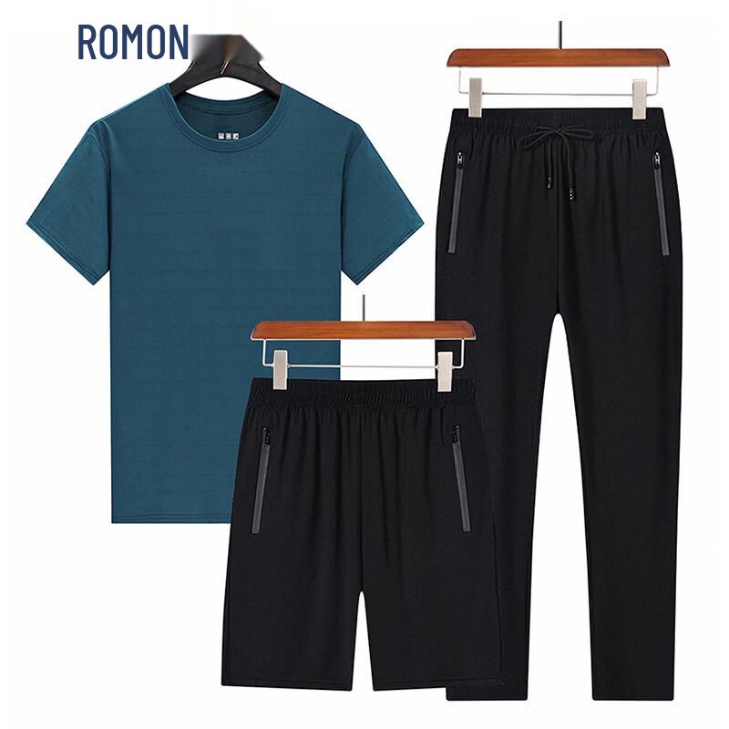 ROMON Men's Ice Silk Short Sleeve Casual Sportswear 3-Piece Set