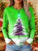 Women's Vintage Christmas Tree Print Long Sleeve T-shirt, Holiday Gift Crew Neck, Festive Party Top, All Seasons Fashion Wear