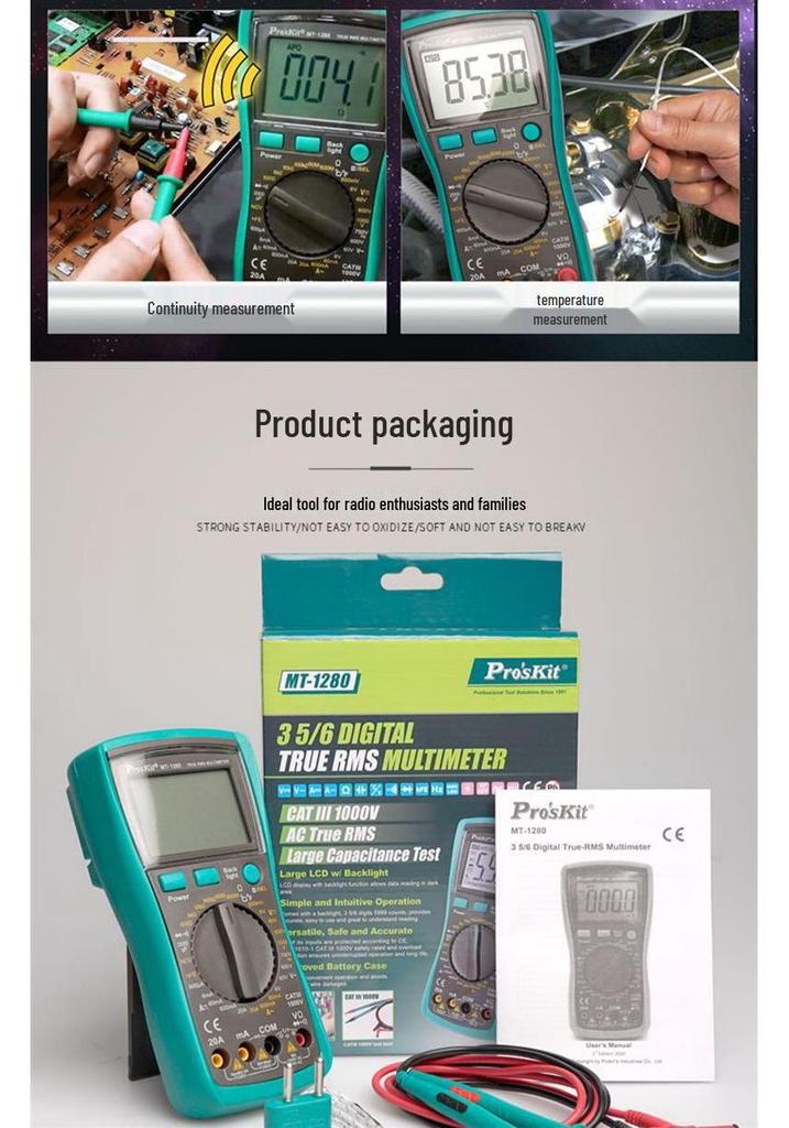 Pro'sKit MT-1280D True RMS Anti-Burn Digital Multimeter for Electricians
