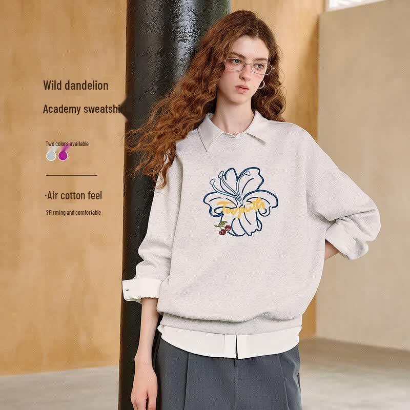 Chuyu Floral Embroidered College Sweatshirt L