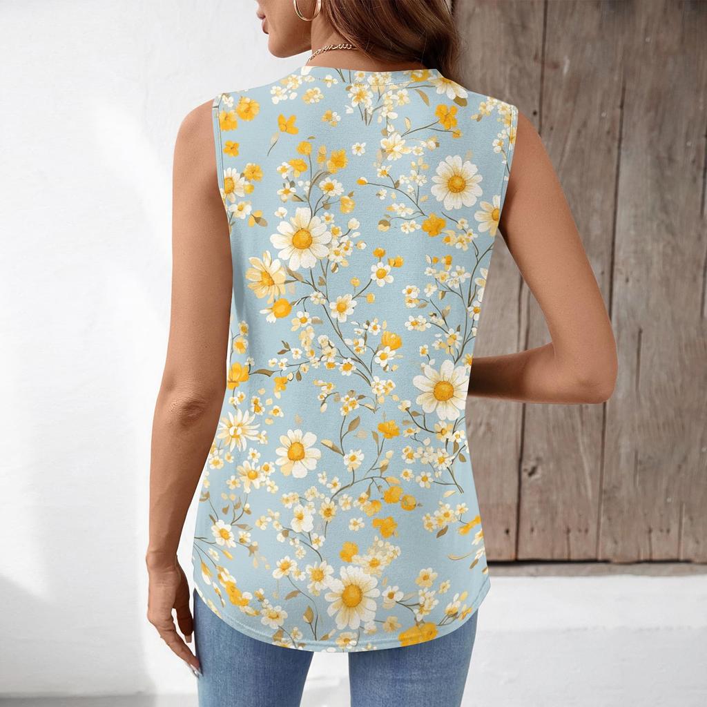Damen Locker geschnittenes ärmelloses Tanktop mit V-Ausschnitt und plissiertem Blumendruck, lässige leichte Sommerweste, Hemdbluse