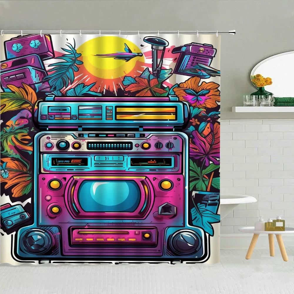 

80s Vintage Radio Bathroom Curtains for the Home Shower Shower Curtain Waterproof Folding Partition Accessories Bath Bedrooms 120X180cm