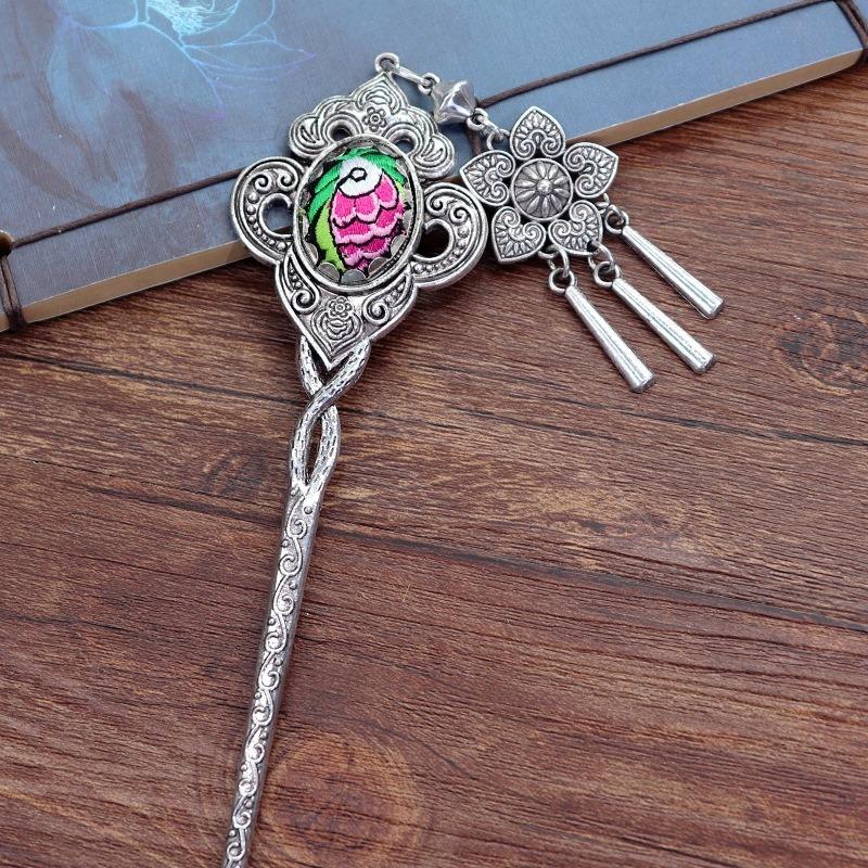 Vintage embroidery earrings hairpin classical temperament Miao peacock flower fringed earrings hair accessories set women