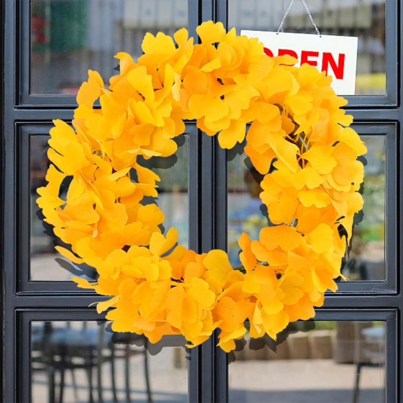 Elegant Thanksgiving Festive Door Decoration 15.75inch Artificial Ginkgo Biloba Leaf Christmas Wreath Fade Resistant