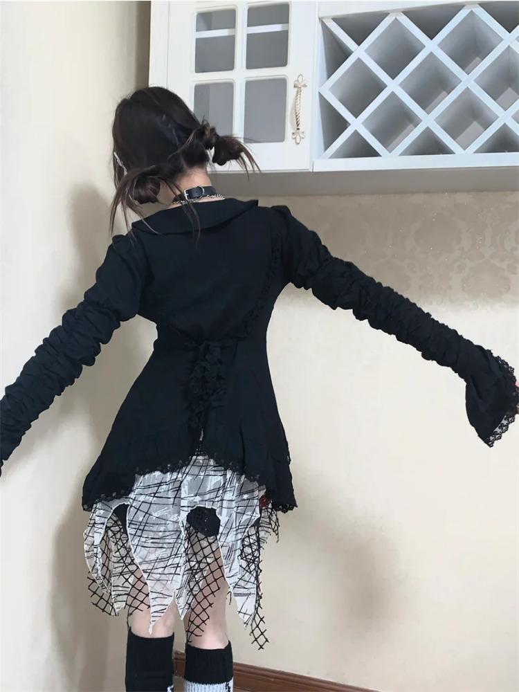 Lolita Vintage Gothic Lace Shirts Women Y2k Dark Aesthetic Irregular Blouses Yamamoto Style Grunge Flare Sleeve Shirt