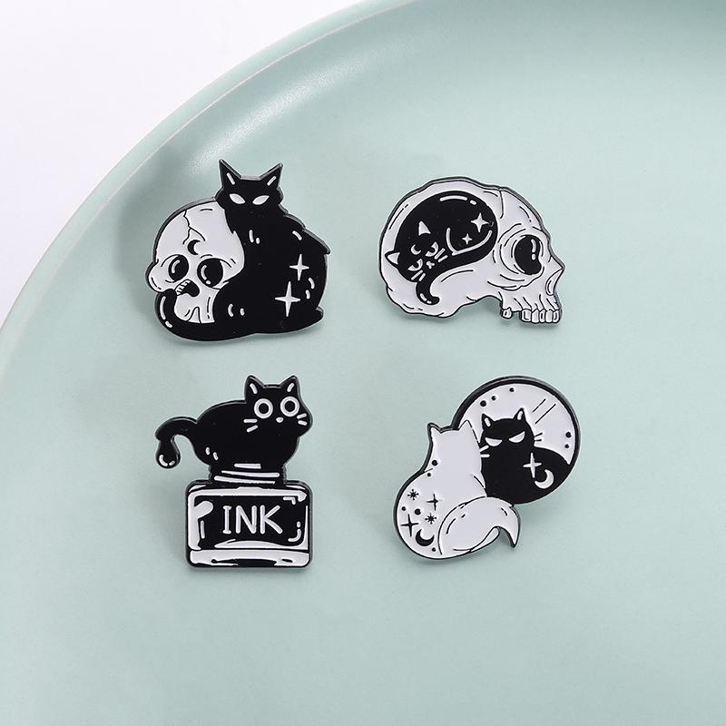 Gothic Punk Luna Black Cat With Skull Enamel Pin Moon Phases Witchy Halloween Brooches Lapel Badge Jewelry Gifts For Friends