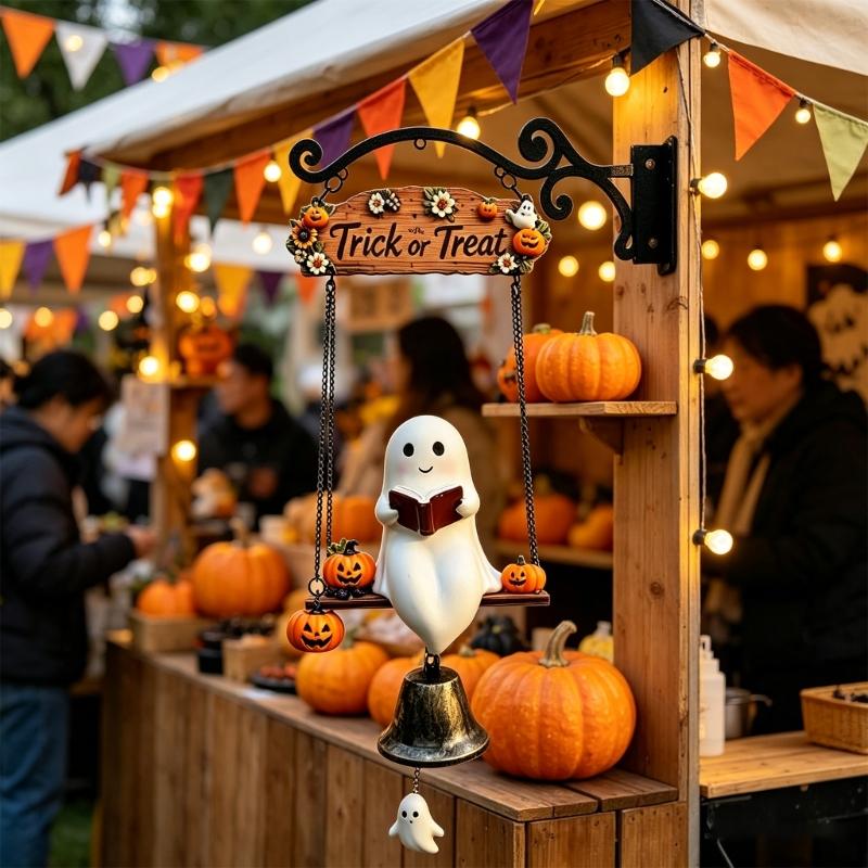 Saisonales Veranda-Hänge-Türklingel-Ornament mit geisterhafter Leser-Buch-Figur, Süßes oder Saures-Schild und Metallglocken-Akzent für den Halloween-Eingang