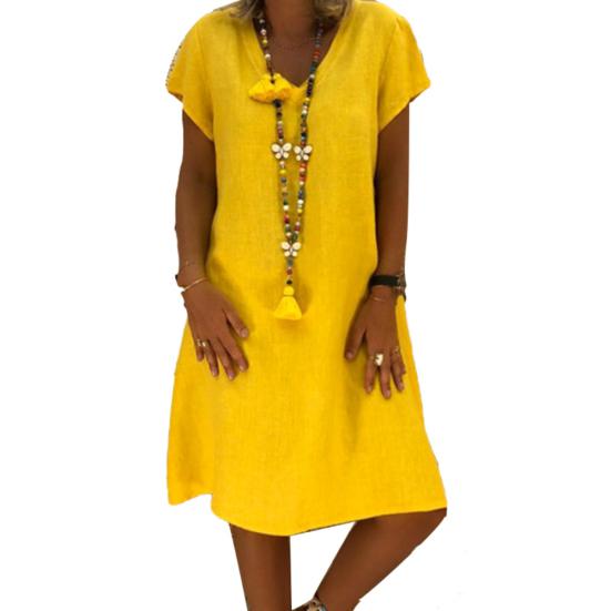 Women Casual Solid Color V Neck Short Sleeve Beach Knee-length Loose Dress