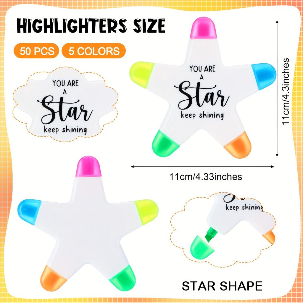 50 Star Highlighters - Inspirational "You Are a Star" Multi-colored Fluorescent Markers In 5 Vibrant Colors (pink, Blue, Green, Yellow, Orange)