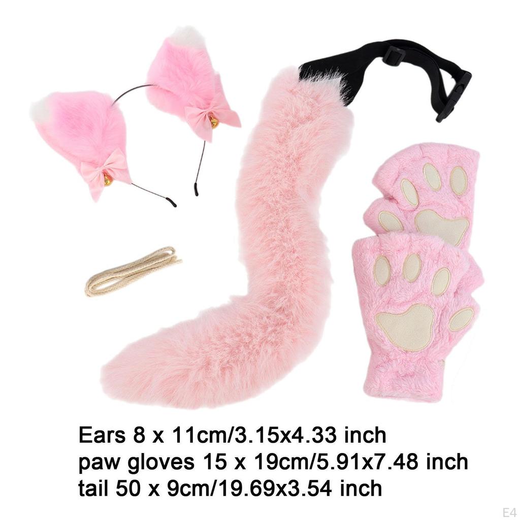 Plush Cat Ears Headband, Claws Gloves and Tail Set Costume Accessories for Party