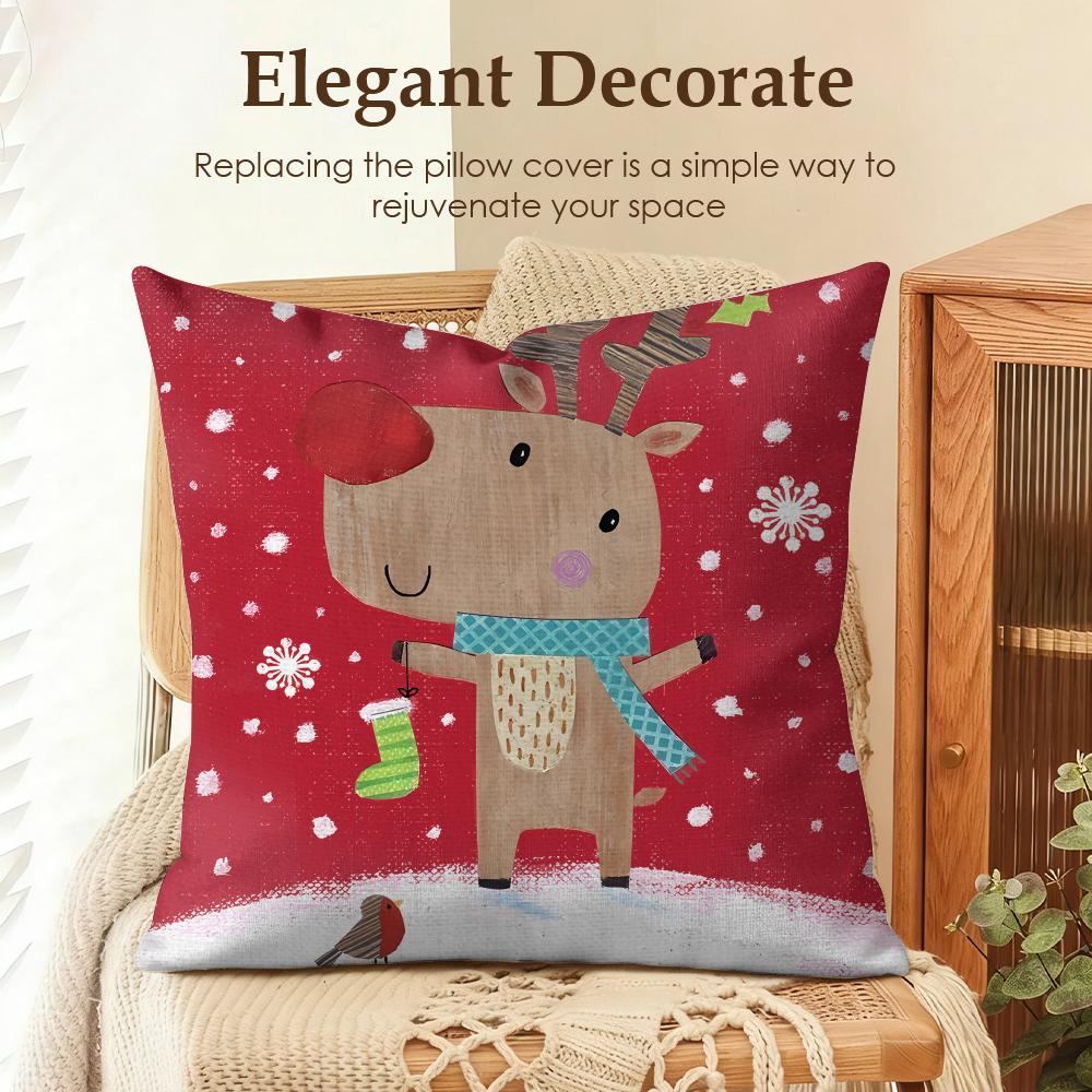Cute Christmas Reindeer Cushion Cover Natural Linen Organic Fabric Double-Sided Printing Sofa Home Decor Gift Pillow Case