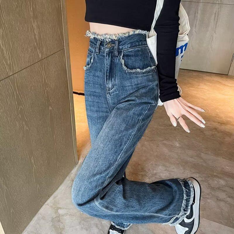 Retro Tassel Wide-leg Jeans Women's Autumn and Winter New High-waisted Loose and Thin Straight-leg Pants Spice Girl Fried Street Long Pants