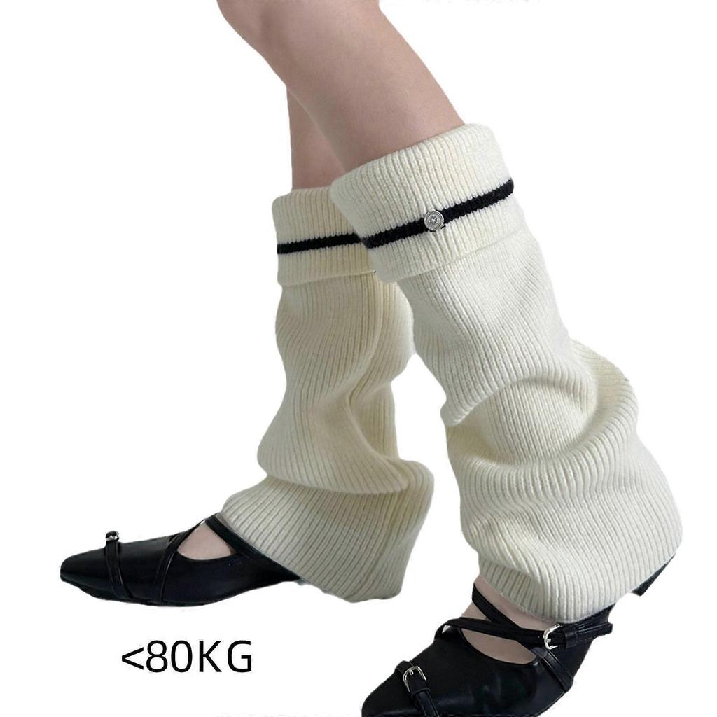 Women Korean Style Knitted Leg Warmers with Metal Button Elegant Turn Cuff Striped Boot Covers Flared Slouchy Calf Socks  Gray
