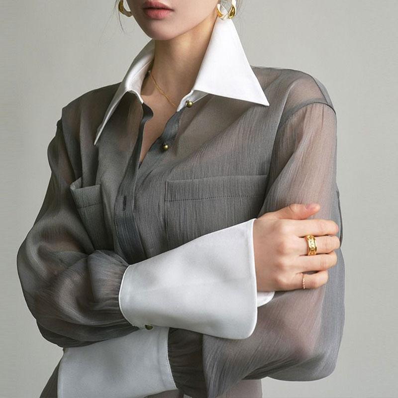 

Офис Леди Корейская Свободная Однотонная Рубашка Весна Лето Лацкан Пэчворк Женская Одежда Однобортная Повседневная С Карманами Блузка XXXL серый