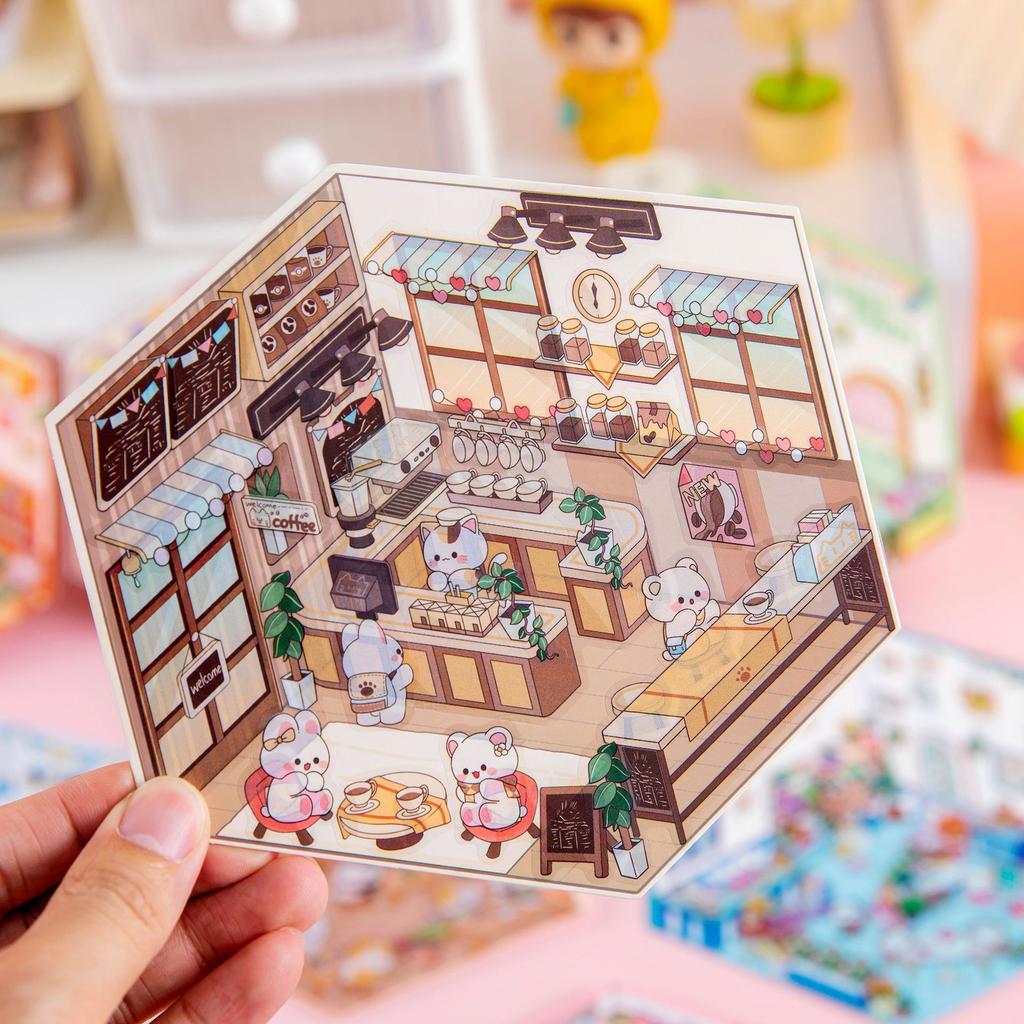 Miniature Scene 3D Diorama Stickers Creative Visual Stacking Cartoon Scene Sticker Diy Toys For Children Creative Handmade Decal