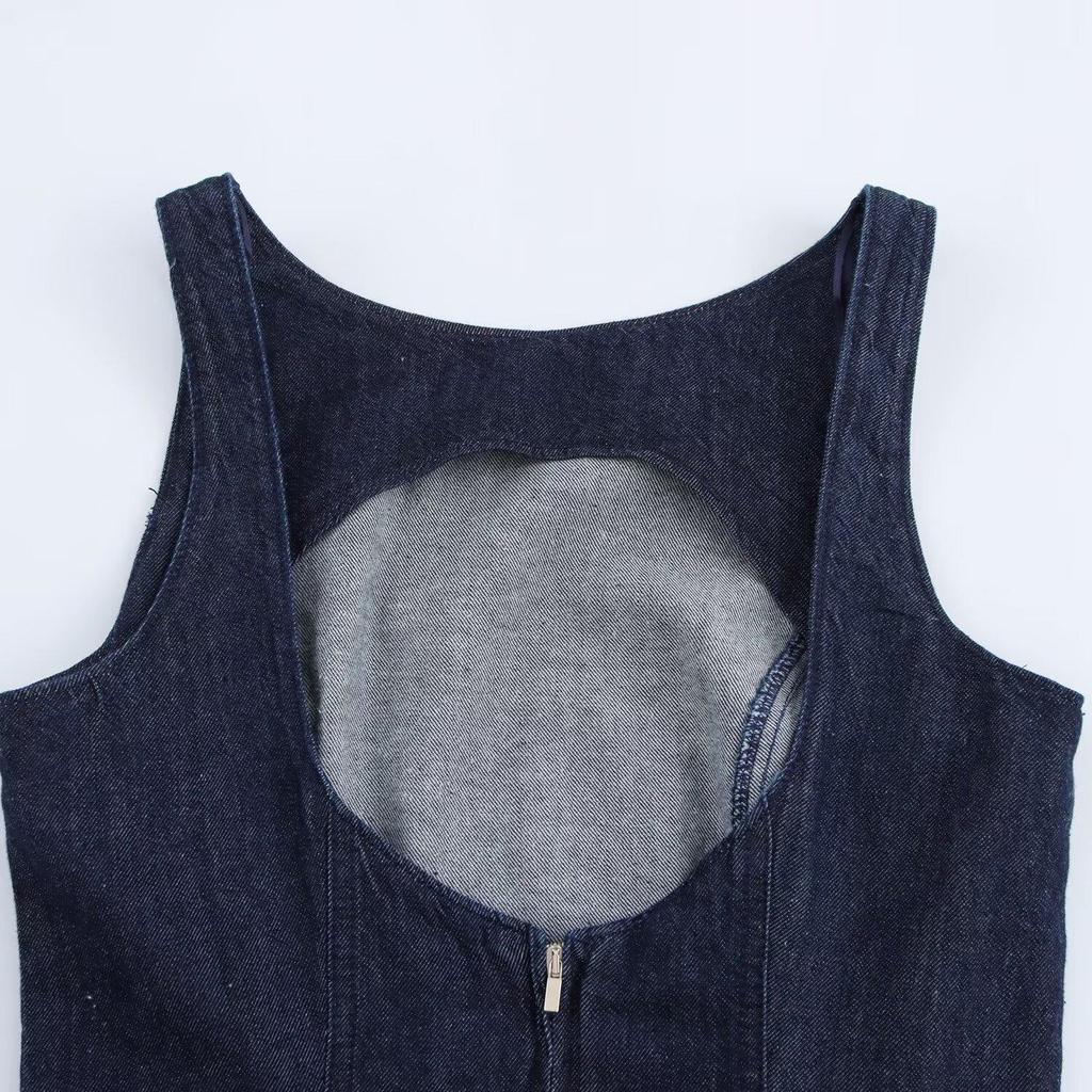 2025 Spring Women's Slim Fit Denim Dress with Layered Decor & Backless Design
