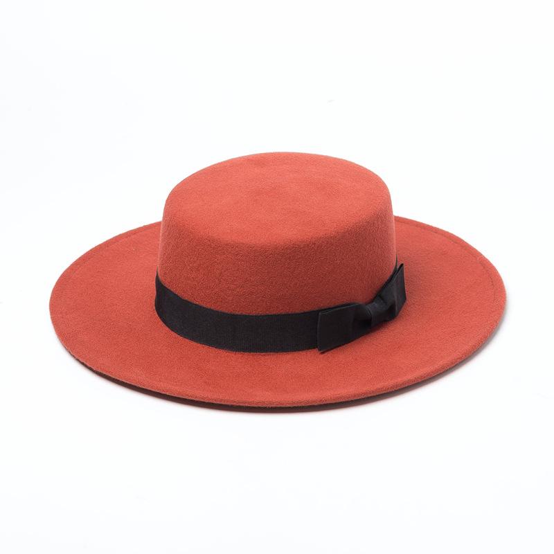 Europe, America, Autumn and Winter New Bow Wool Woolen Flat Top Top Hat Women's Fashion Wool Felt Flat Top Hat