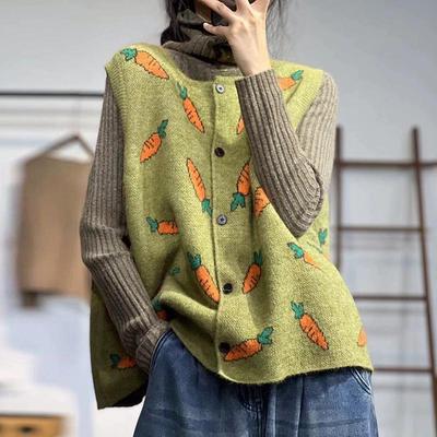 2024 Autumn Women Sleeveless Buttons Vest Printing O-Neck Sweaters Knitting Casual Style Loose Sweater