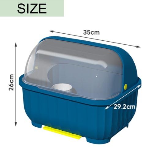 Asdays Dish Drainer, Dish Storage, Dish Drainer, Kitchen Utensil Drying Box, Large Capacity, Drain Tray, with Lid (Blue)