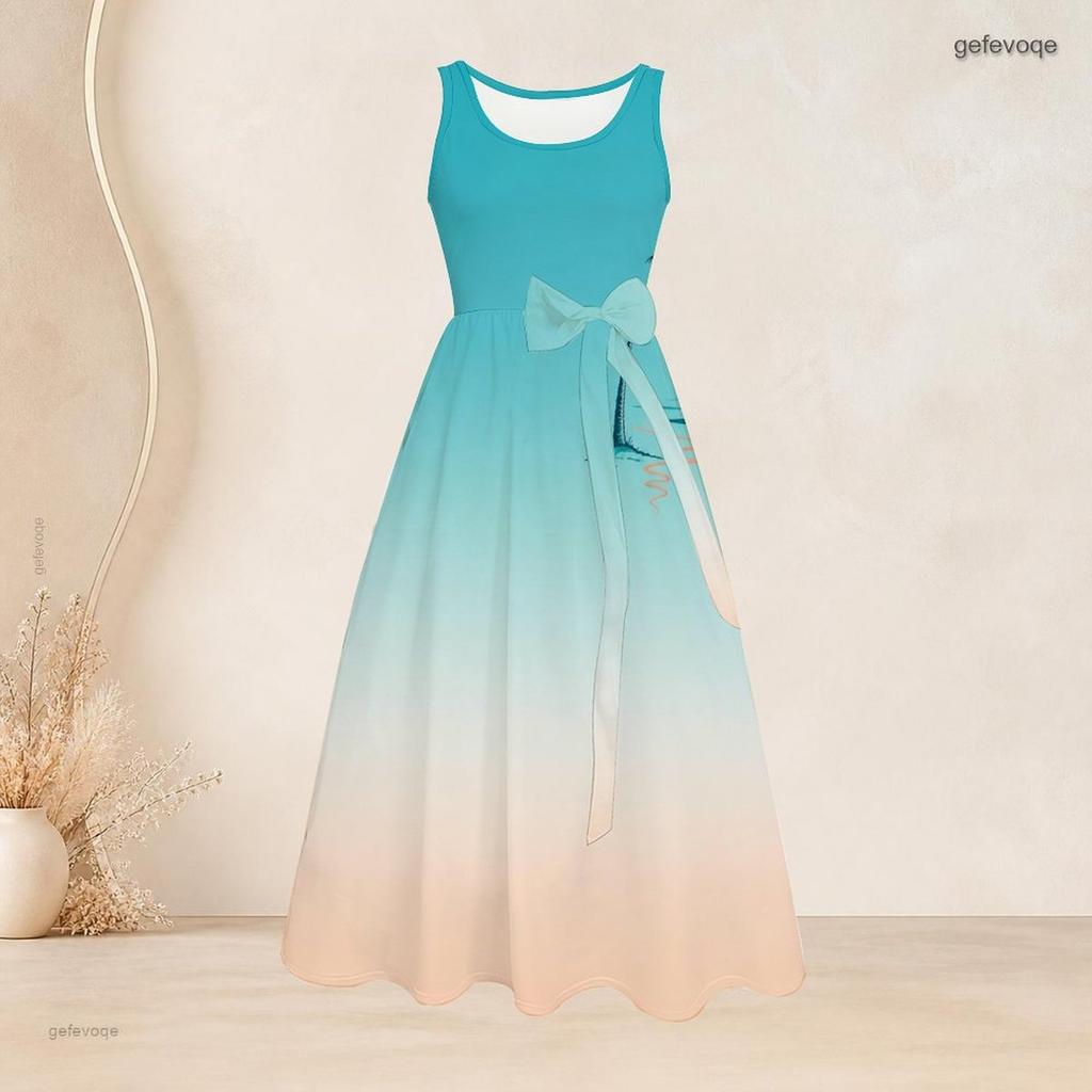 Women Plus Size Round Neck Sleeveless Gradient Printed A Line Bow Waist Dress