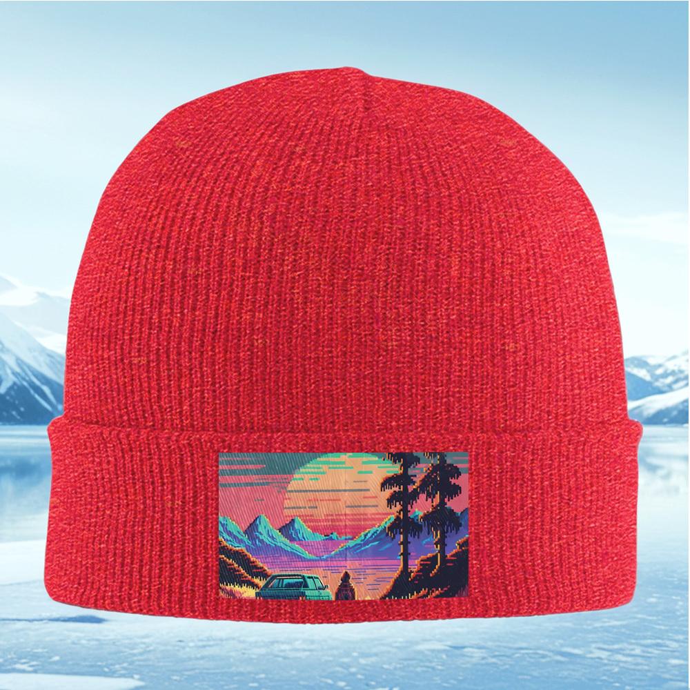 Mountains sunset car silhouette person trees Men Women Unisex Knitted Hat Beanie Pullover Cap Winter Thermal Warm Christmas Outd