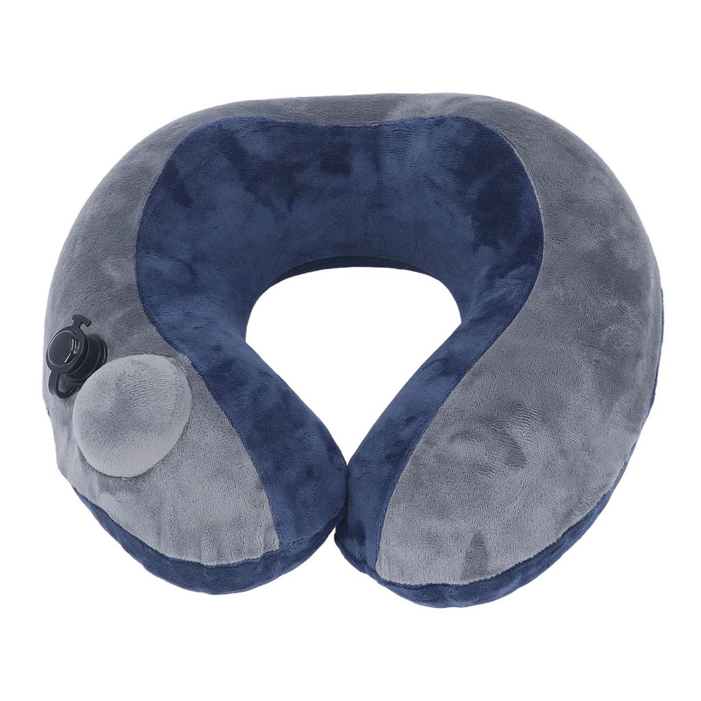 Self Inflatable Travel Pillow U Shaped Portable Neck Chain Support for Sleeping Napping Dark Blue with Gray