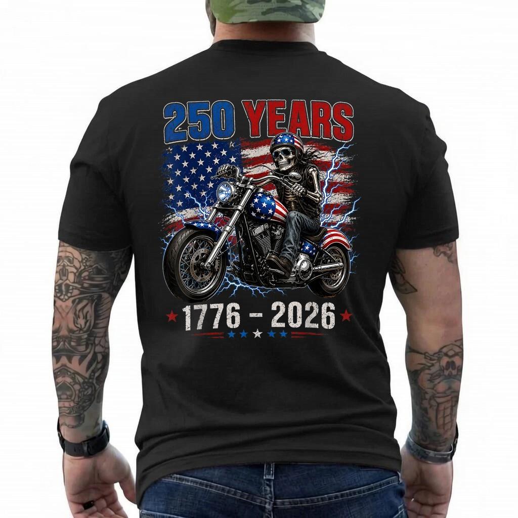 250 Anniversary USA 250th American Skull Motorcycle USA Flag T-Shirt 3XL