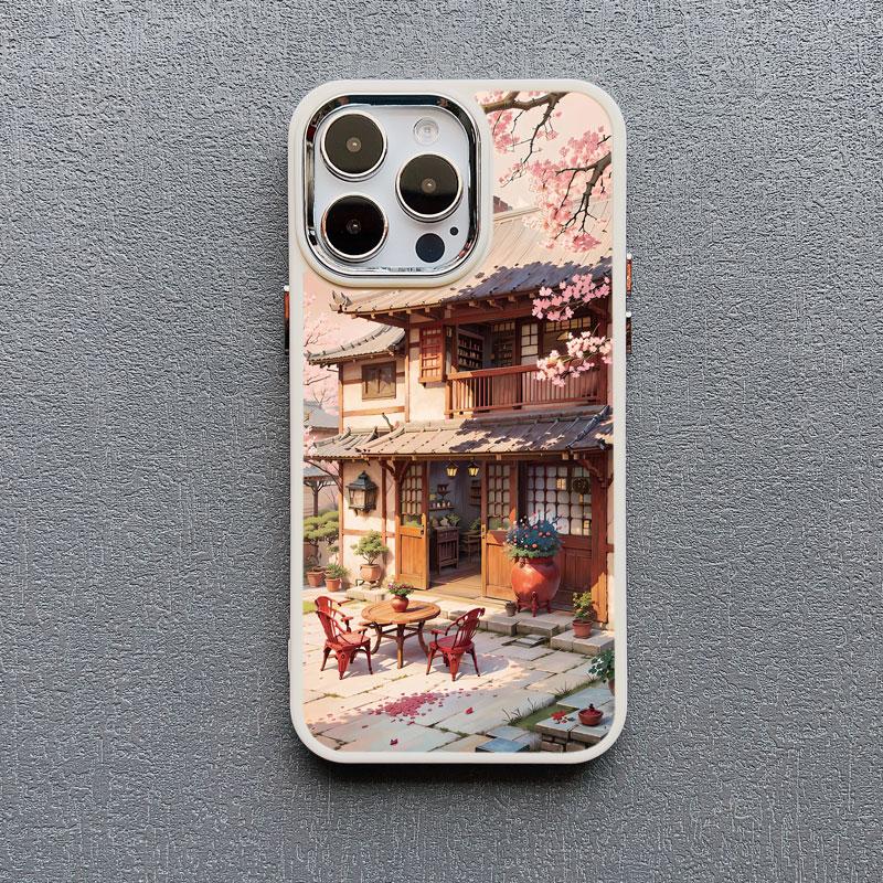 Vintage Oil Painting House Phone Case For iPhone 16 15 14 Pro Max 11 13 12 Pro MAX 7 8 Plus XR X Flower Courtyard Silicone Cover