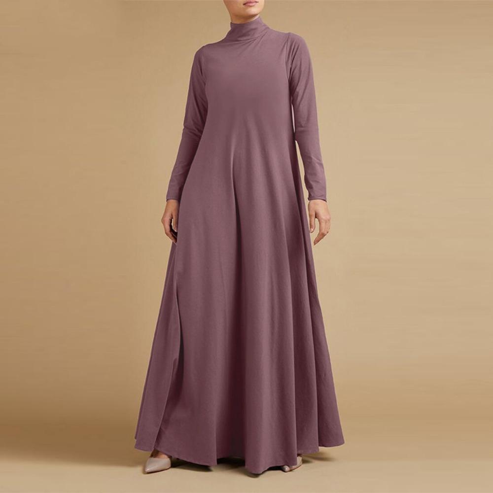 Damen Rollkragen Langarm Maxikleid Lockere Passform Einfarbig A-Linie Lässiges Abaya Langes Kleid