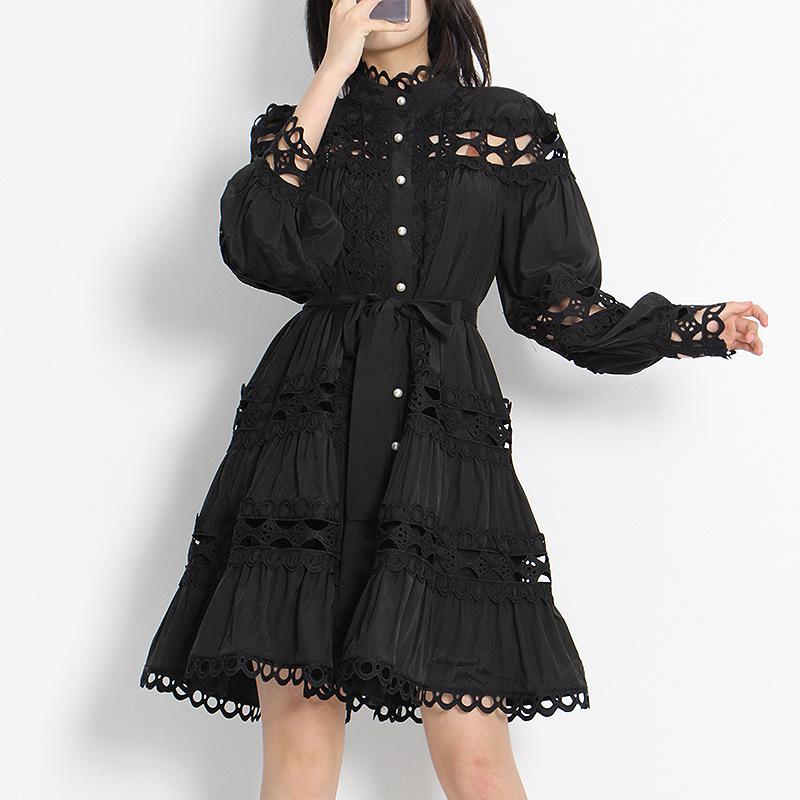 Elegancka Spódnica A-Line Jednokolorowa 2025: Modna sukienka damska z kołnierzykiem stojącym i wycięciami w talii