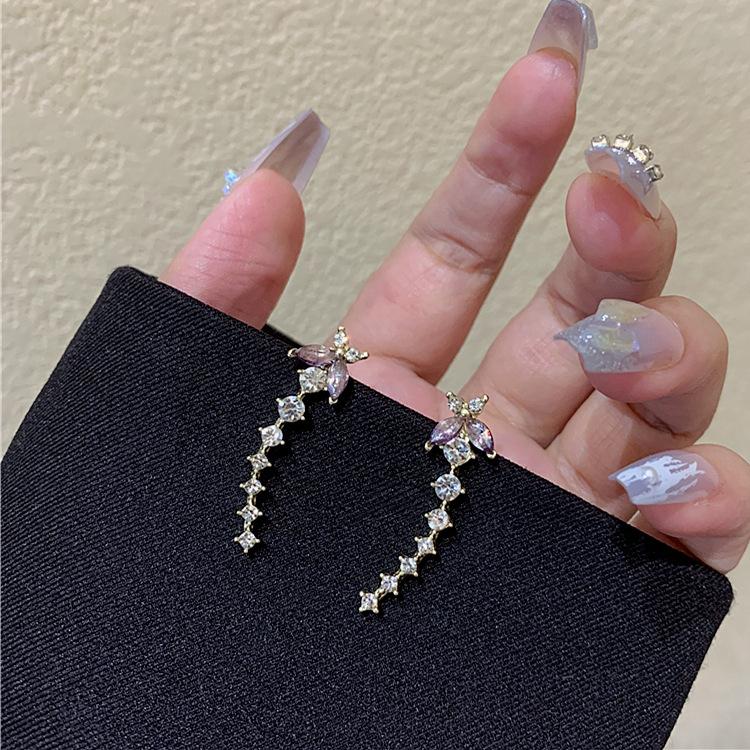 Super fairy purple zircon butterfly ear row earrings female, niche design sense exquisite versatile stud earrings Internet celebrity earrings