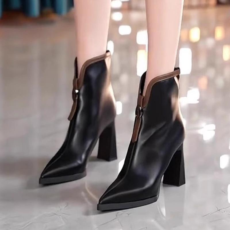 Läder Spetsig Tå Dam Snö Ankelstövlar Höga Klackar Sexiga Skor Chunky Designerstövlar Trend Pumps Vinter Botas De Mujer