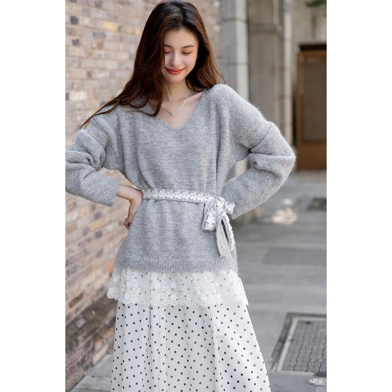 Mokana Autumn/Winter Tie-Neck Lace Panel Knit Sweater