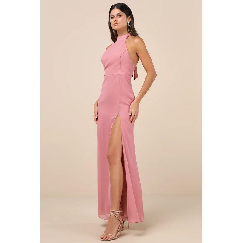 

European and American Foreign Trade Lu s New Summer Elegant Royal Sister Elegant Print Comfortable Chiffon Vacation Hanging Neck Guest dresses Pink L
