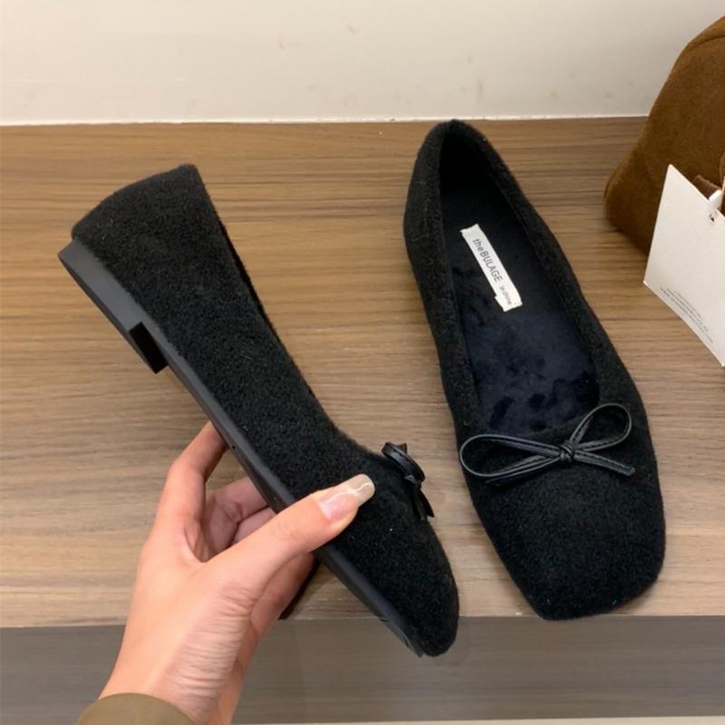 Fashion Women's Flat Shoes Winter New Square Head Shallow Mouth Butterfly Knot Soft Sole Anti-slip Wear-resistant Low-top Shoes