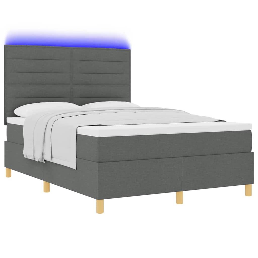 LED Box Spring Bed with Mattress Dark Gray 140 x 190 cm Fabric