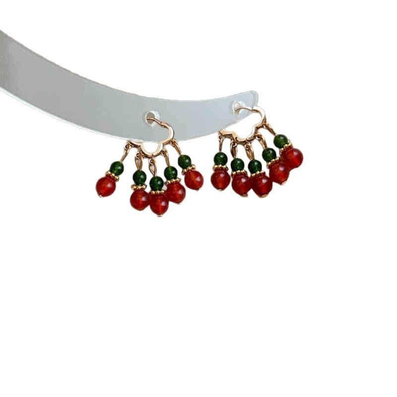New Chinese court style beaded earrings, women's light luxury retro high-end ear buckles, square and round face, small earrings